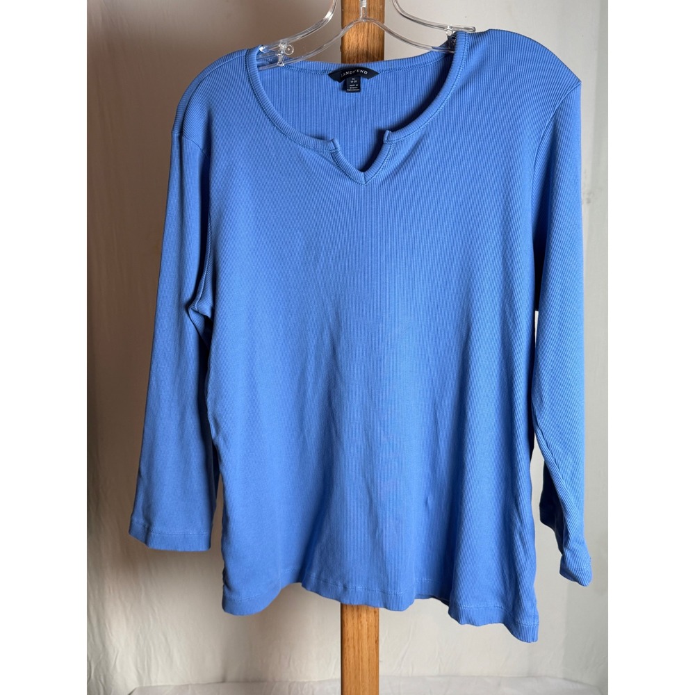 Lands End Womens XL Blue Ribbed Knit Notch V-Neck 3/4 Sleeve Top Shirt 18-20